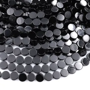 AAA Grade Natural Black Onyx Smooth Coin Beads 8mm 10mm 12mm Flat Disc 15.5" Strand