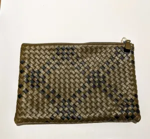 Bottega Veneta Woven Leather Pouch Clutch in Plaid Khaki Green and Gray