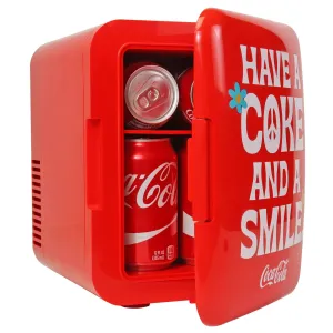 Coca-Cola Smile 1971 Series 4L Cooler/Warmer w/ 12V DC and 110V AC Cords, 6 Can Portable Mini Fridge, Personal Travel Refrigerator for Snacks Lunch Drinks Cosmetics, Desk Home Office Dorm Travel, Red