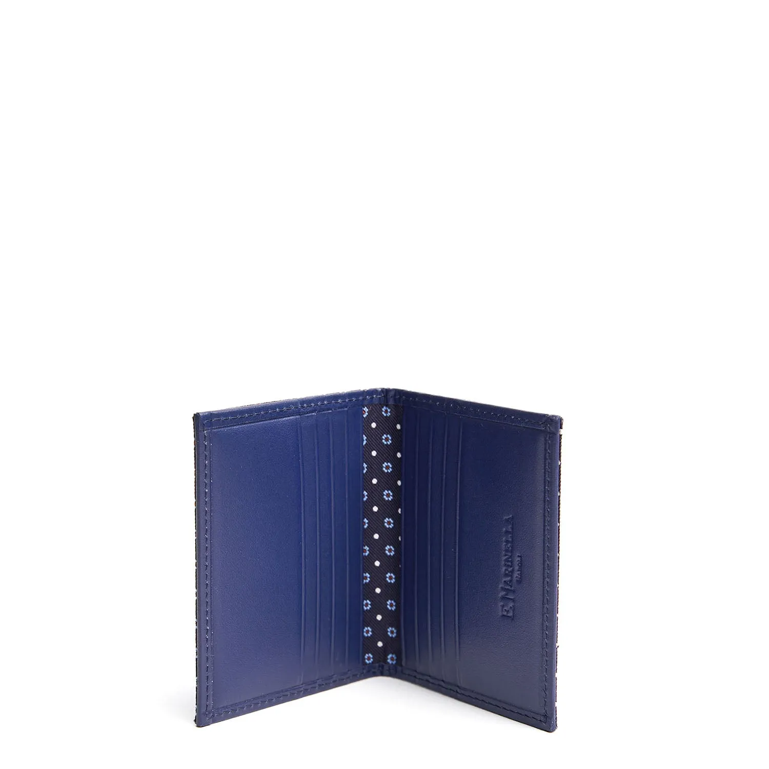 DARK BLUE SILK AND LEATHER FOLDING CARD HOLDER